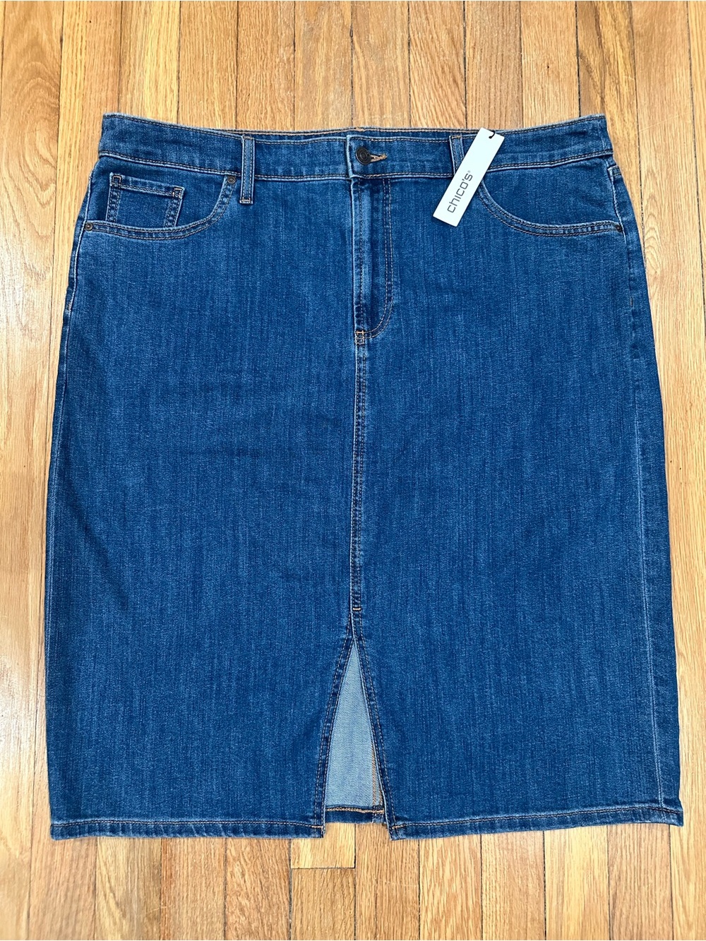 Chico's Denim Midi Skirt Women's Size 16 Chico's 3 Indigo Blue Front Slit NWT